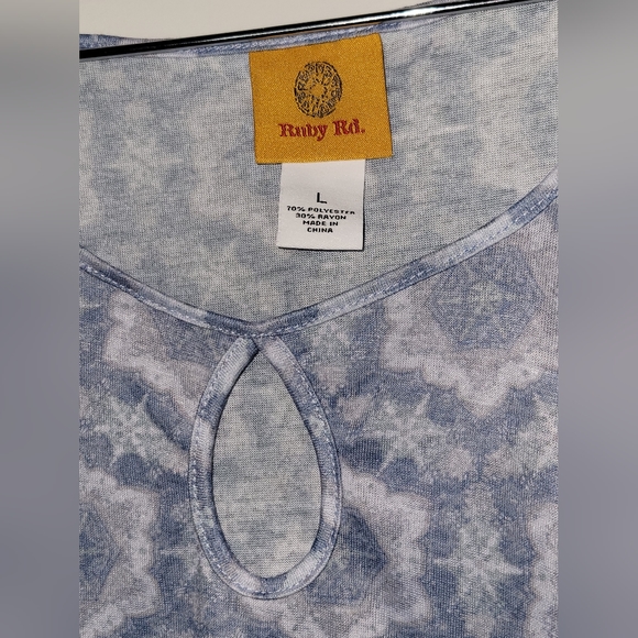 New Ruby Rd. Blue Geometric 3/4 Sleeve Keyhole Blouse Shirt Top Sz. L - Picture 5 of 5